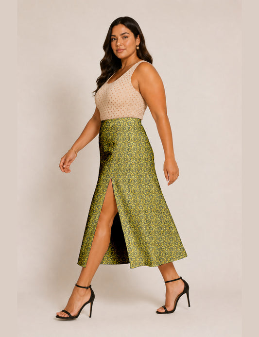 A line skirt with slit - Yellow Abstract
