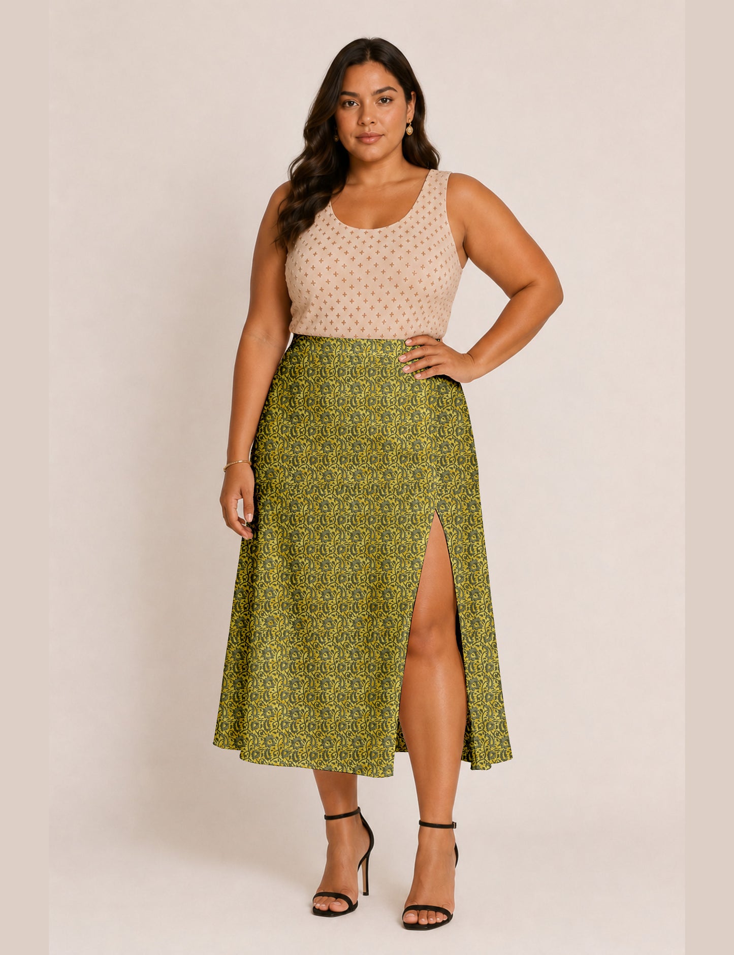 A line skirt with slit - Yellow Abstract