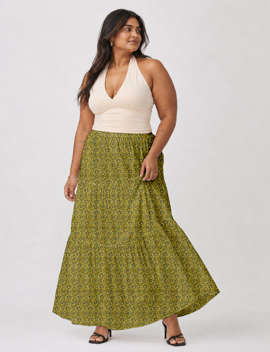 Midi Tiered Skirt - Yellow Abstract
