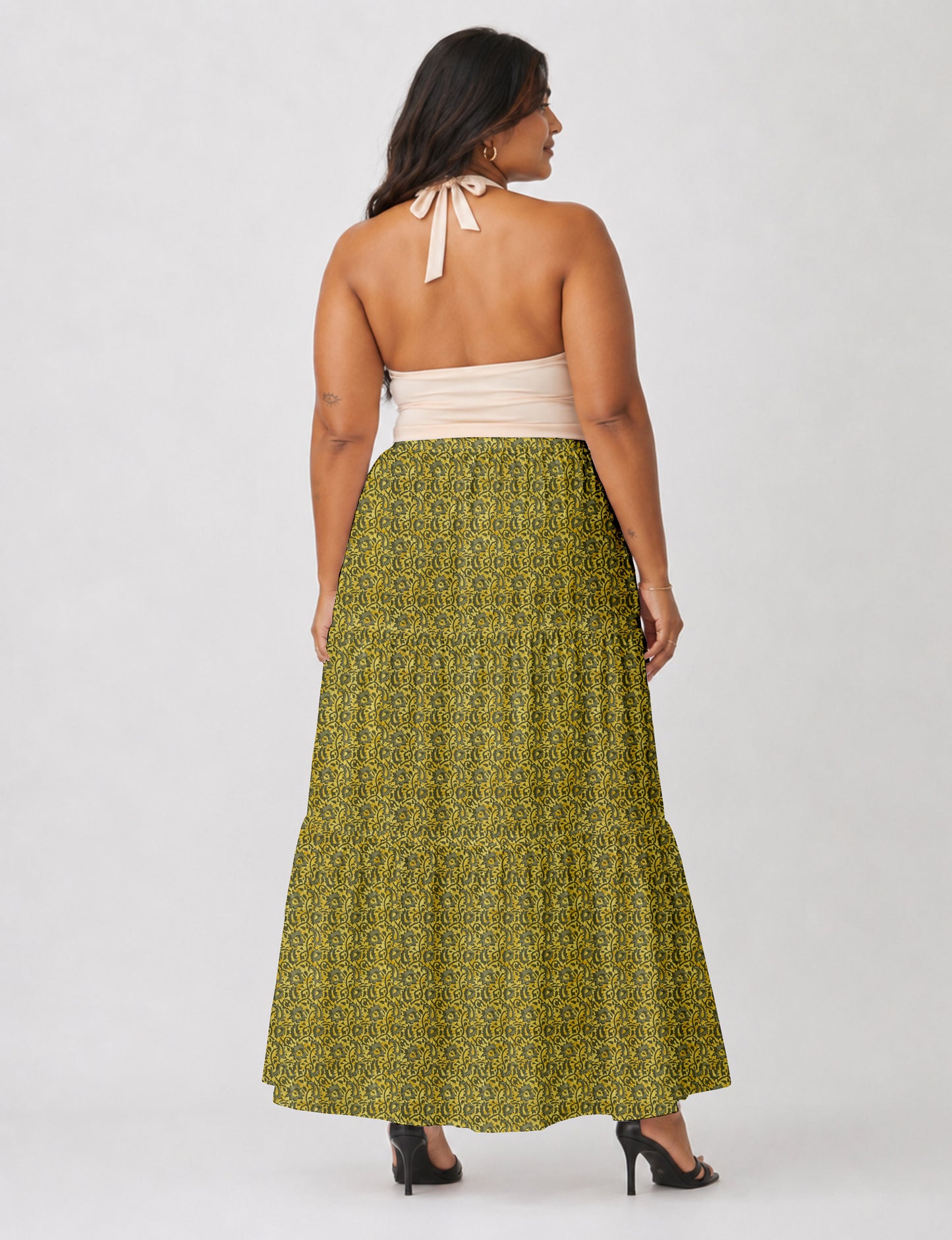 Midi Tiered Skirt - Yellow Abstract