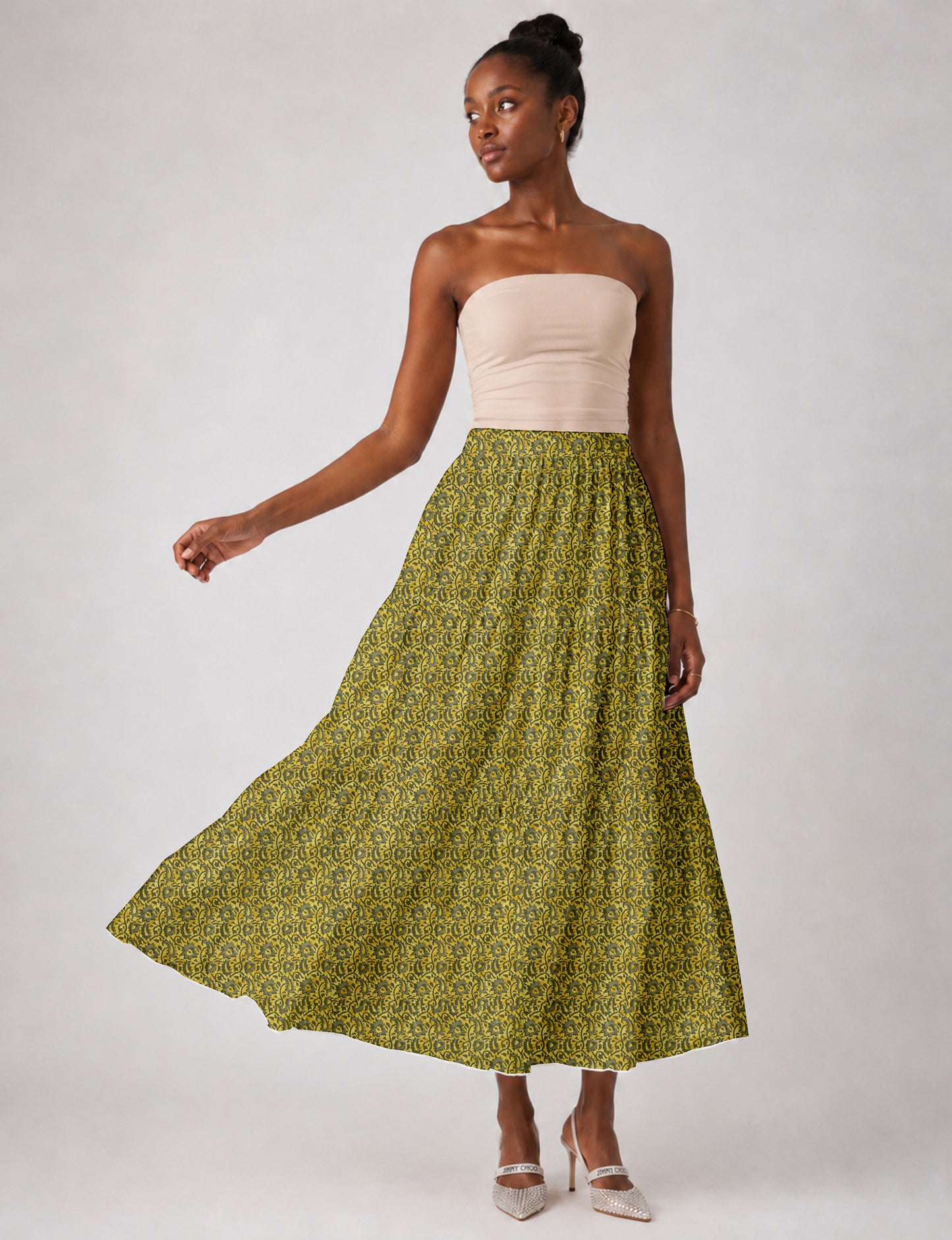 Midi Tiered Skirt - Yellow Abstract