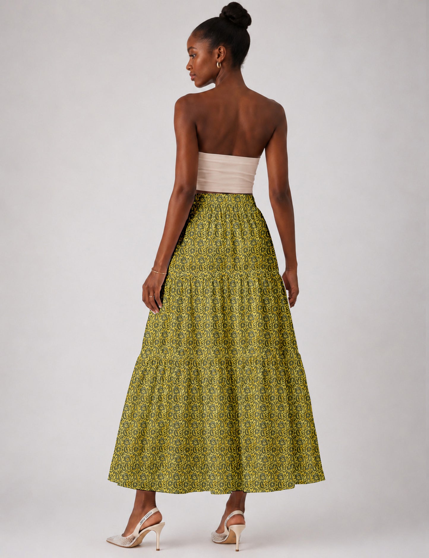 Midi Tiered Skirt - Yellow Abstract