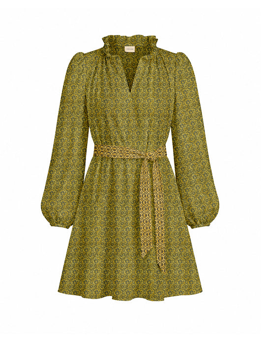 Swing dress with belt - Yellow Abstract