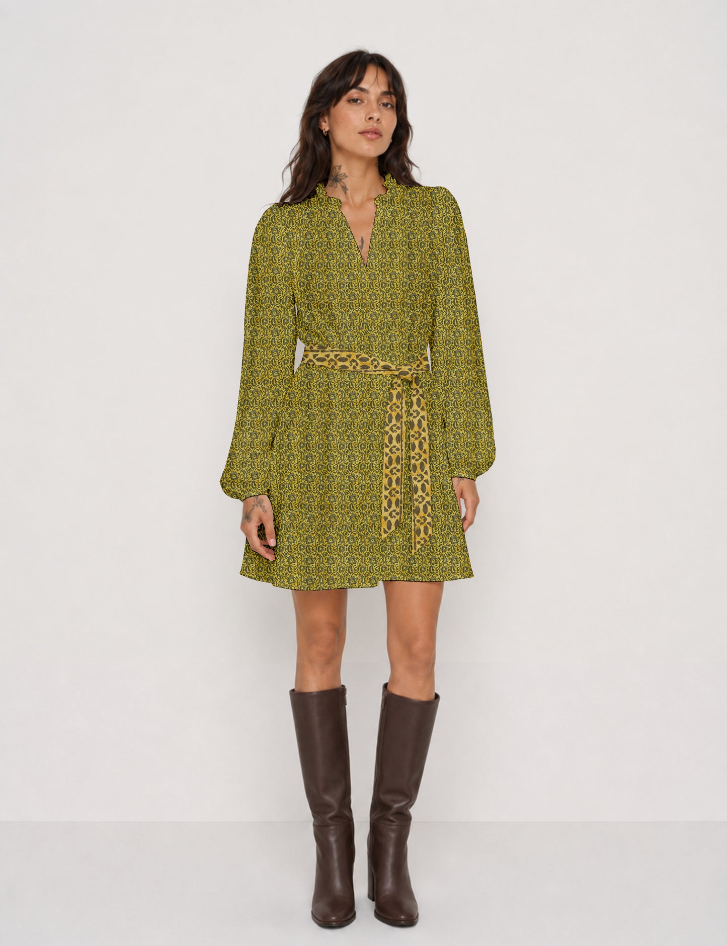 Swing dress with belt - Yellow Abstract