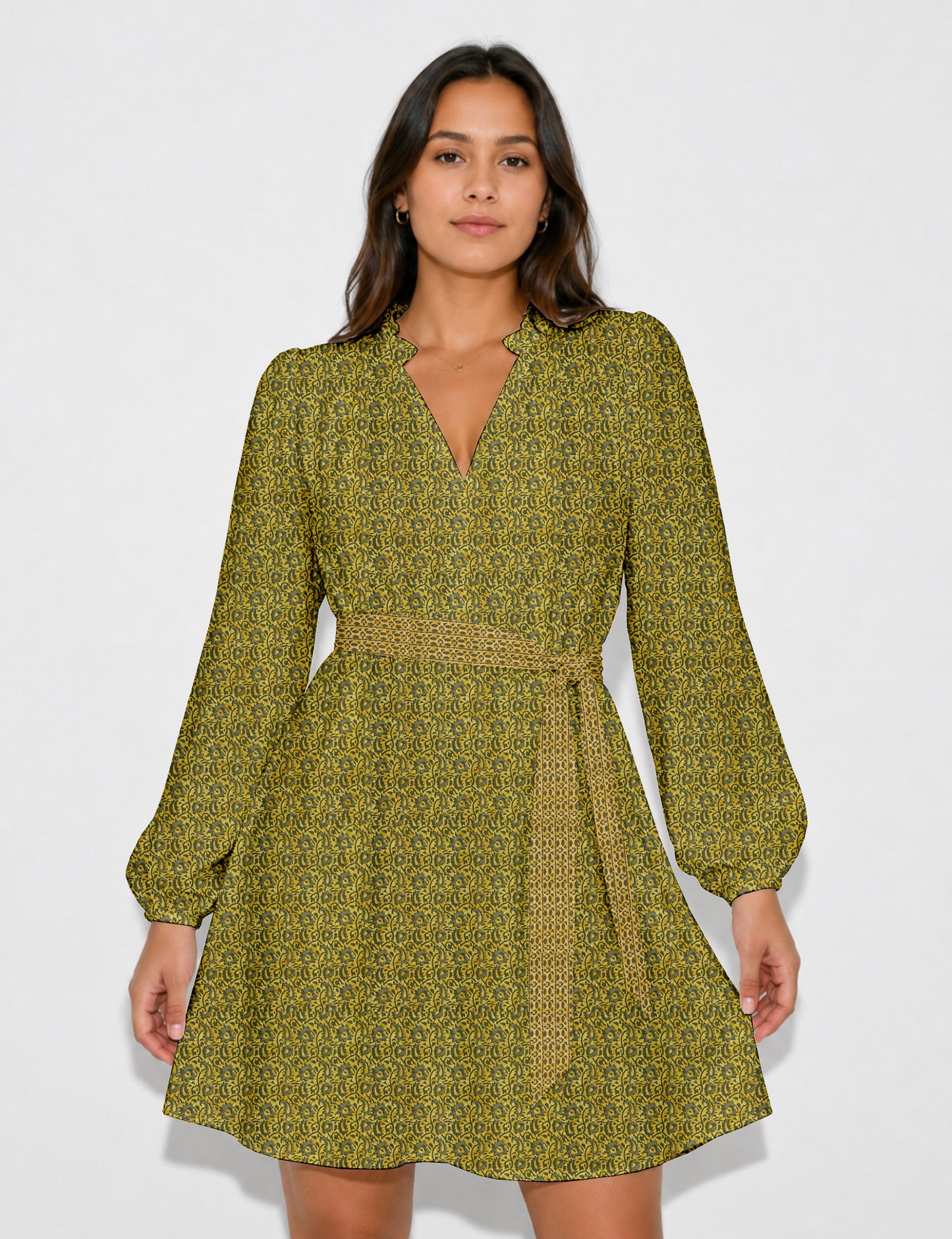 Swing dress with belt - Yellow Abstract