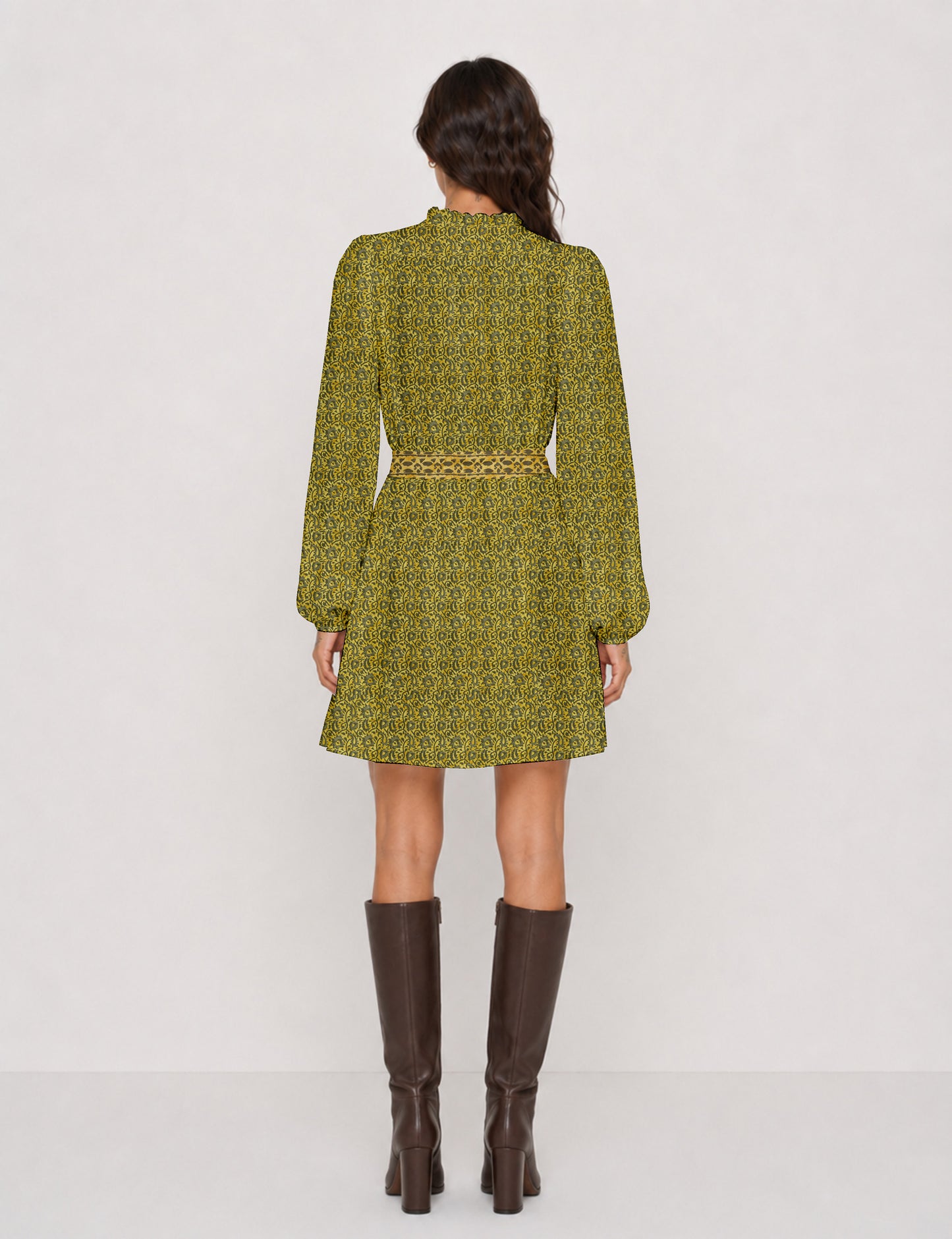 Swing dress with belt - Yellow Abstract