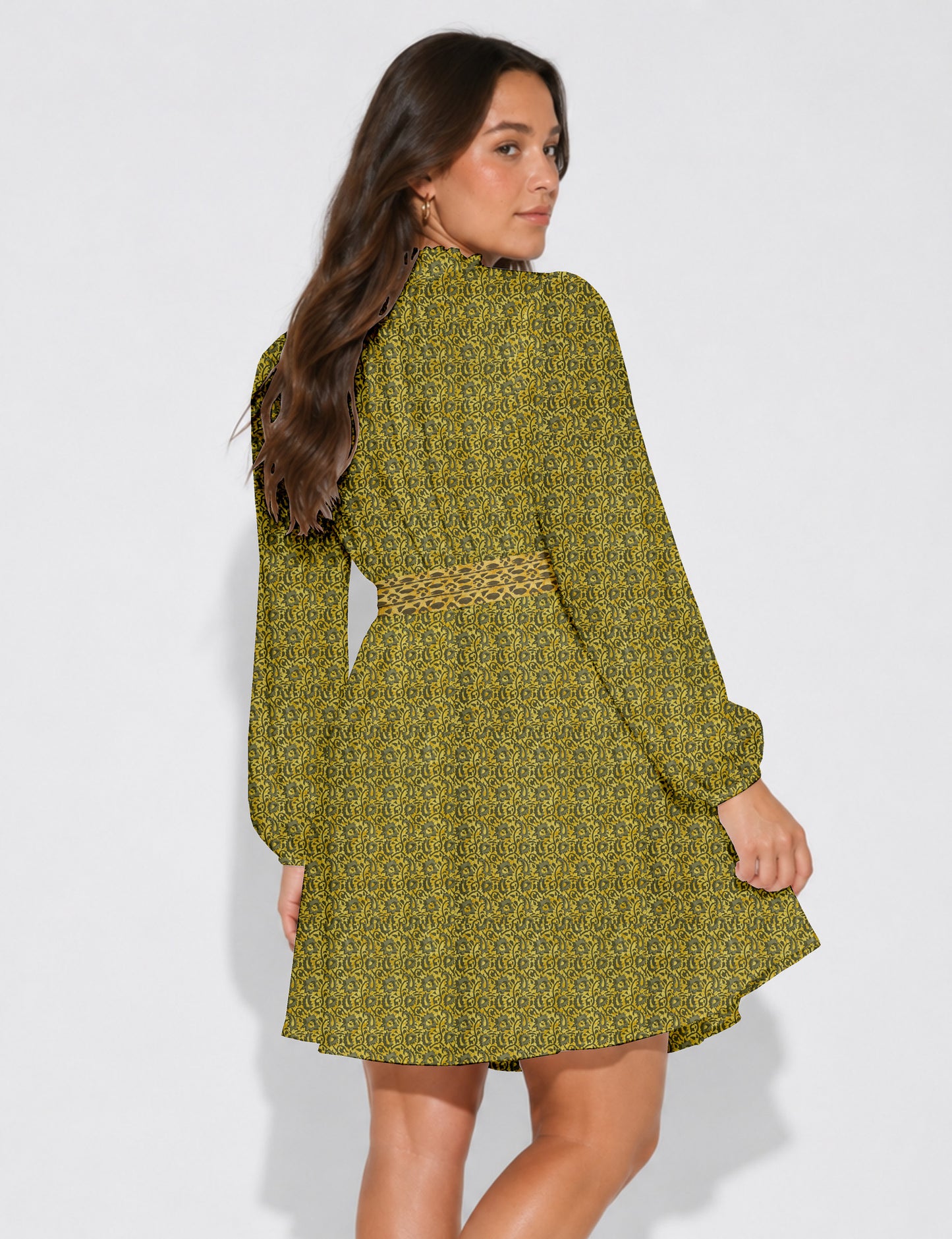 Swing dress with belt - Yellow Abstract