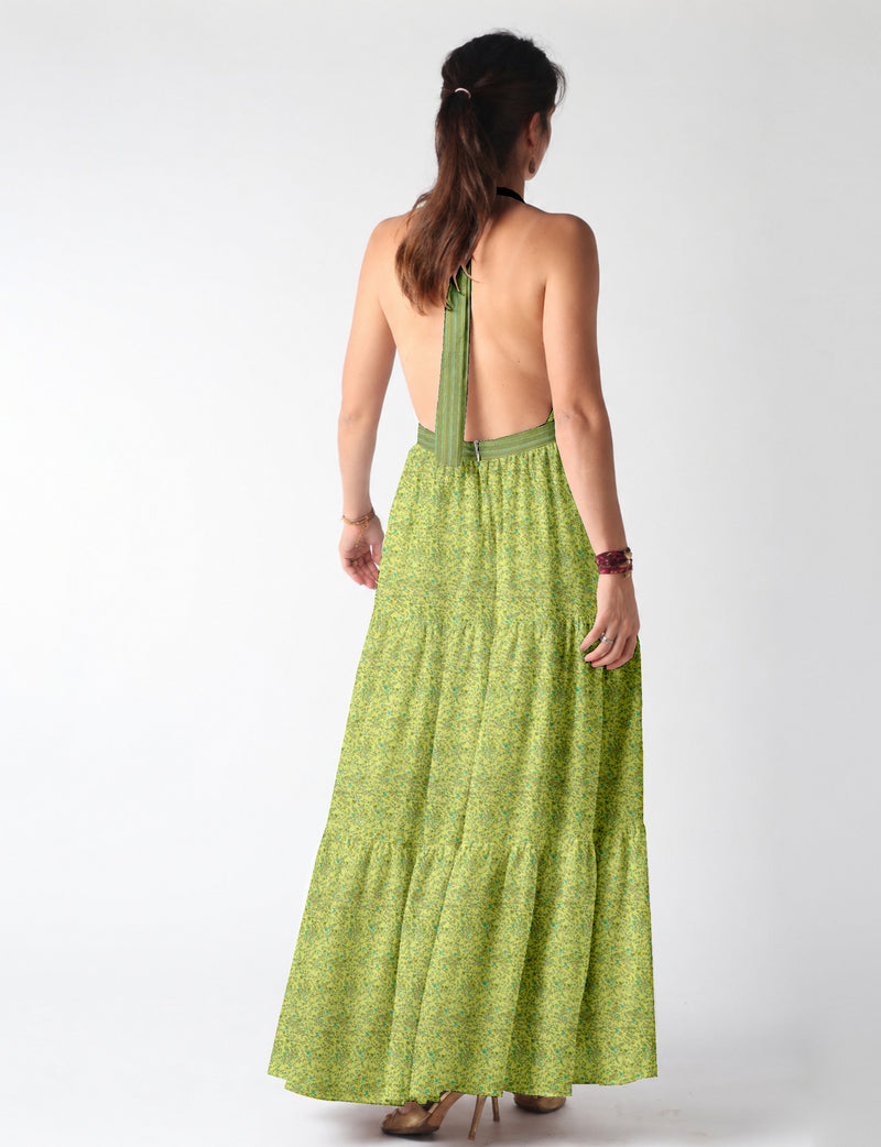 Maxi tiered dress by I was a Sari with halter neckline and flowy silhouette