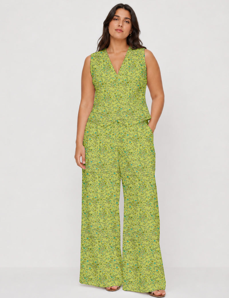 Women's tailored waistcoat set with a sleeveless V-neck button-front waistcoat and high-rise wide leg trousers in a coordinated matching outfit.