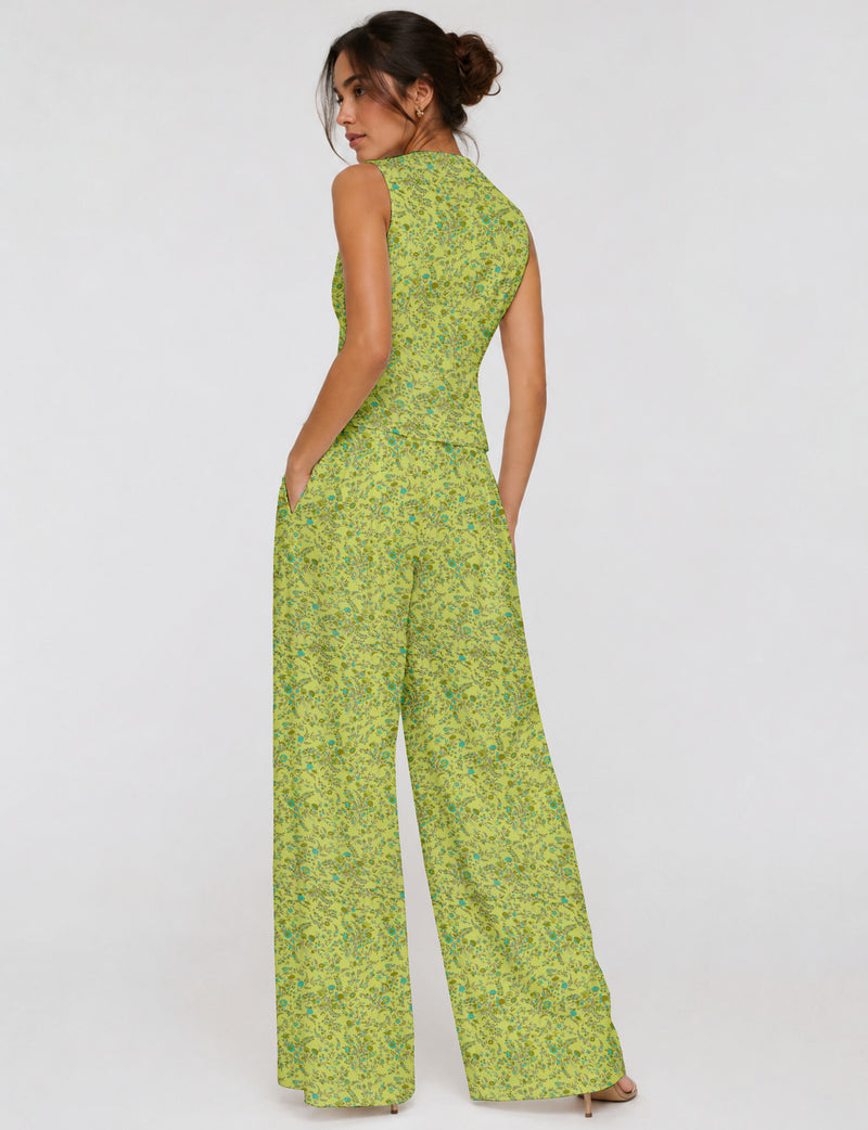 Women's tailored waistcoat set with a sleeveless V-neck button-front waistcoat and high-rise wide leg trousers in a coordinated matching outfit.