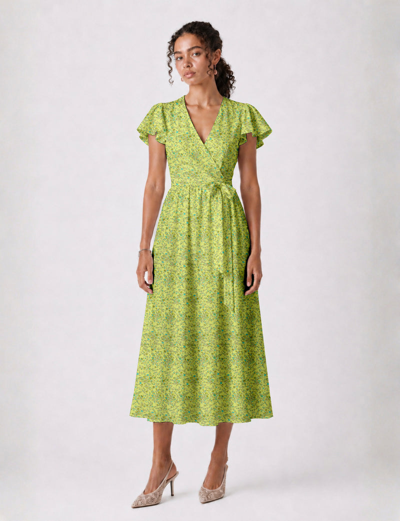 Elegant midi wrap dress with a V-neckline, adjustable waist tie, fitted bodice, and flared skirt for a timeless, flattering silhouette.