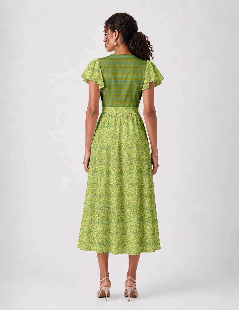 Elegant midi wrap dress with a V-neckline, adjustable waist tie, fitted bodice, and flared skirt for a timeless, flattering silhouette.