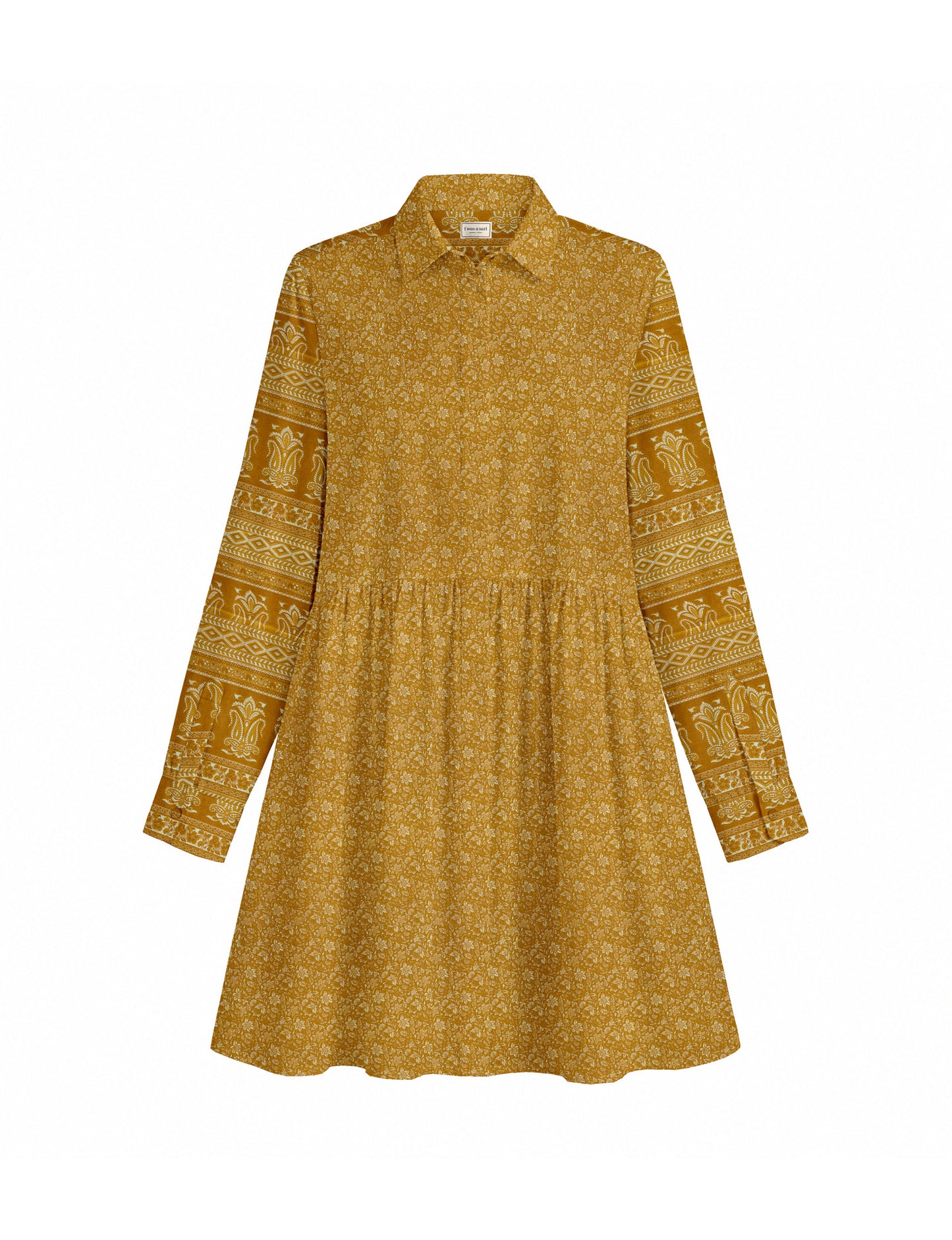 Short shirt dress with a relaxed A-line silhouette, point collar, partial button placket, gathered waist, side pockets, and full-length cuffed sleeves.