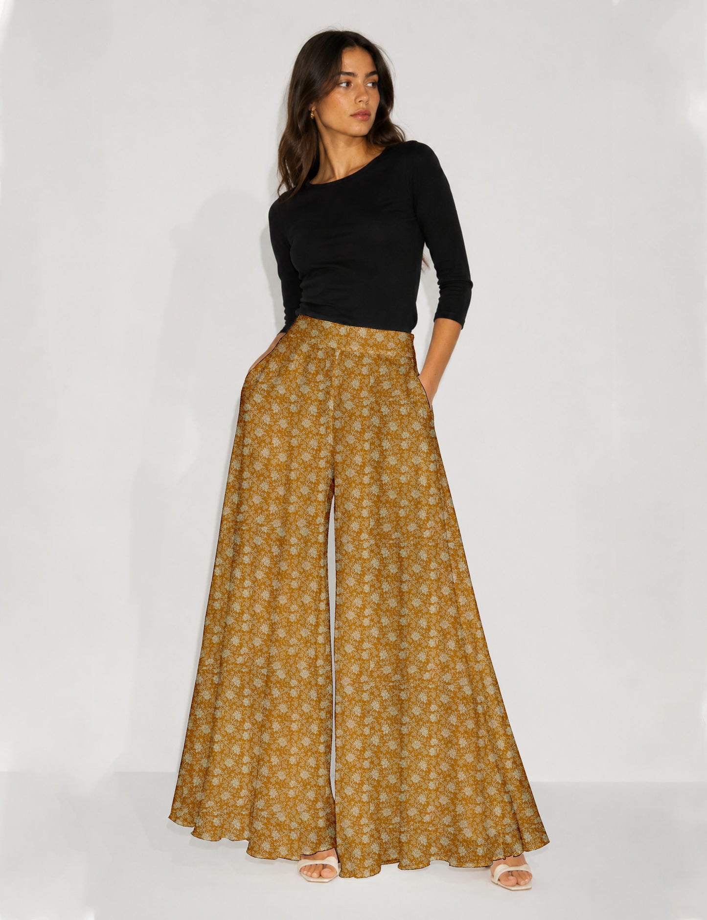 Wide Leg Palazzo Trousers - Yellow Floral