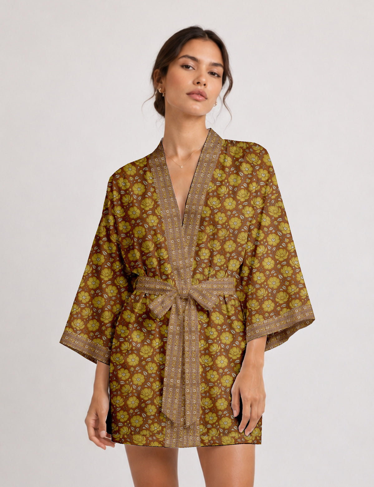 Short kimono robe - Yellow Floral
