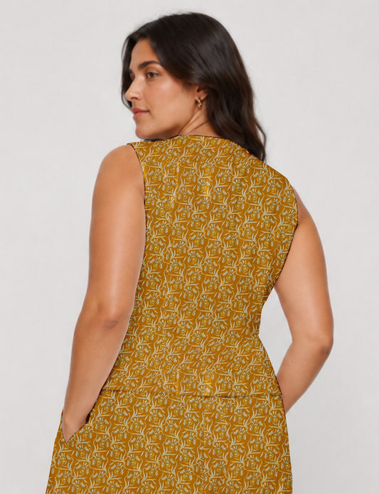 Women's fitted waistcoat with V-neck, single-breasted button closure, tailored silhouette, and pointed hem in sustainable fashion.