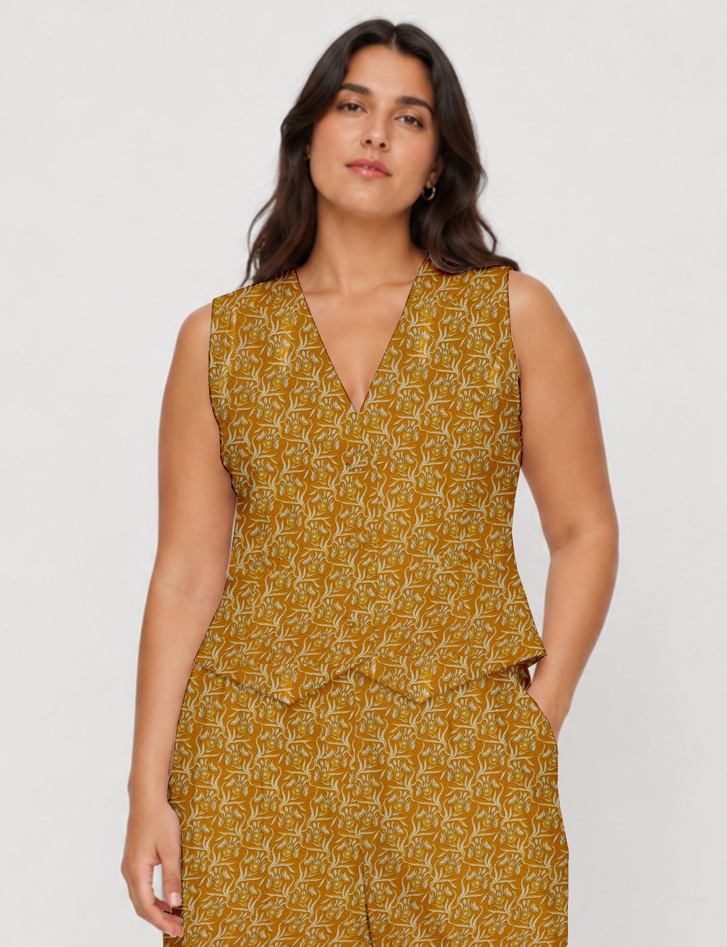 Women's fitted waistcoat with V-neck, single-breasted button closure, tailored silhouette, and pointed hem in sustainable fashion.