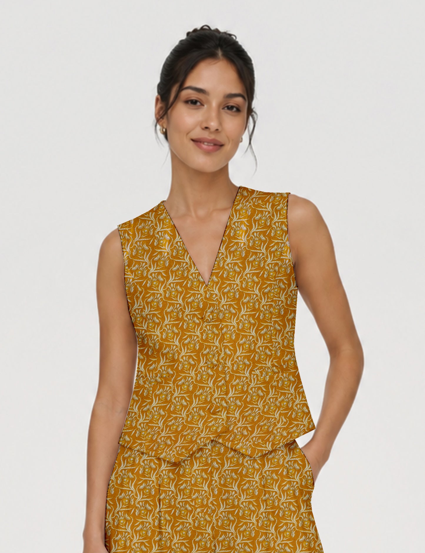 Women's fitted waistcoat with V-neck, single-breasted button closure, tailored silhouette, and pointed hem in sustainable fashion.