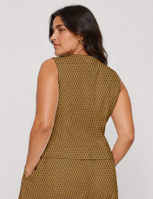 Women's fitted waistcoat with V-neck, single-breasted button closure, tailored silhouette, and pointed hem in sustainable fashion.