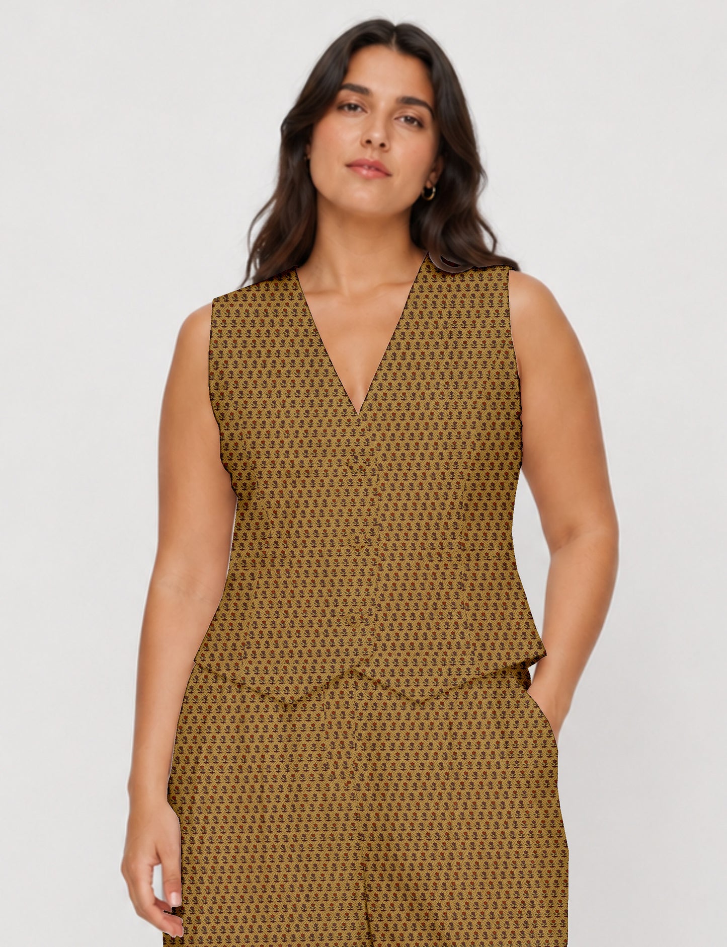 Women's fitted waistcoat with V-neck, single-breasted button closure, tailored silhouette, and pointed hem in sustainable fashion.