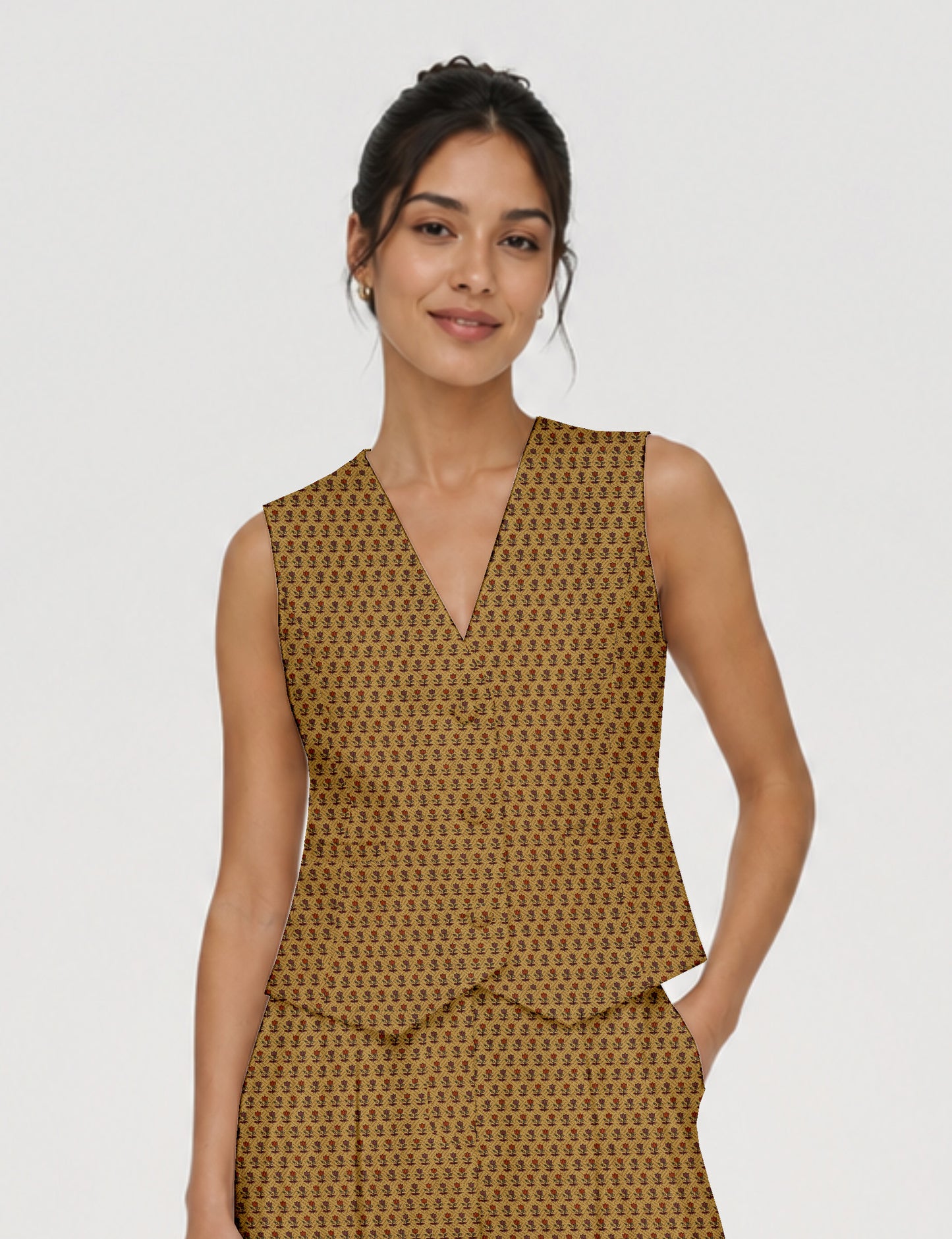 Women's fitted waistcoat with V-neck, single-breasted button closure, tailored silhouette, and pointed hem in sustainable fashion.