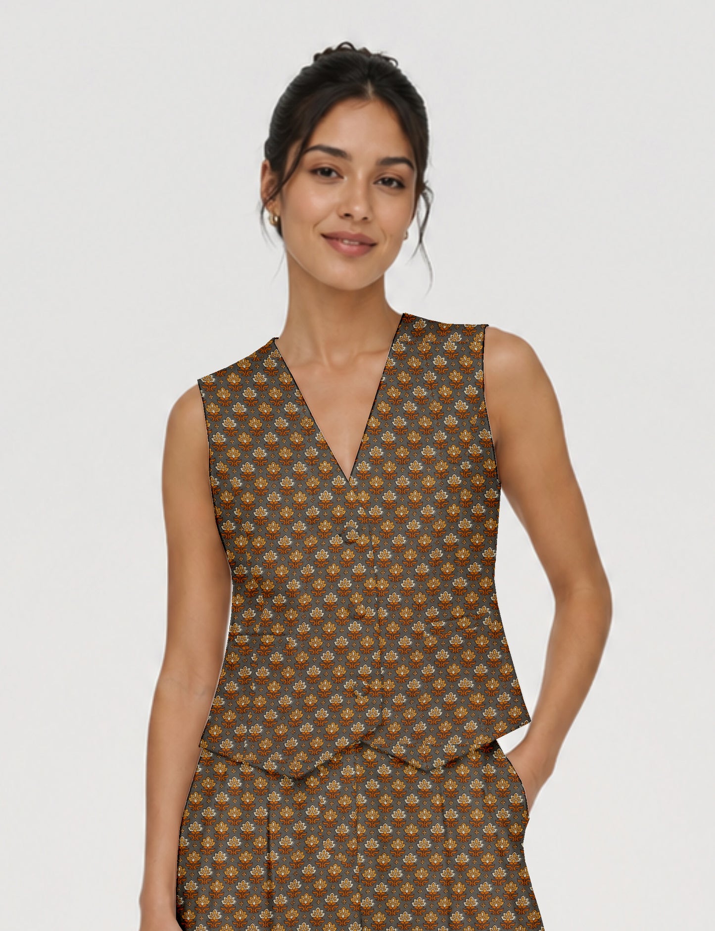 Women's fitted waistcoat with V-neck, single-breasted button closure, tailored silhouette, and pointed hem in sustainable fashion.