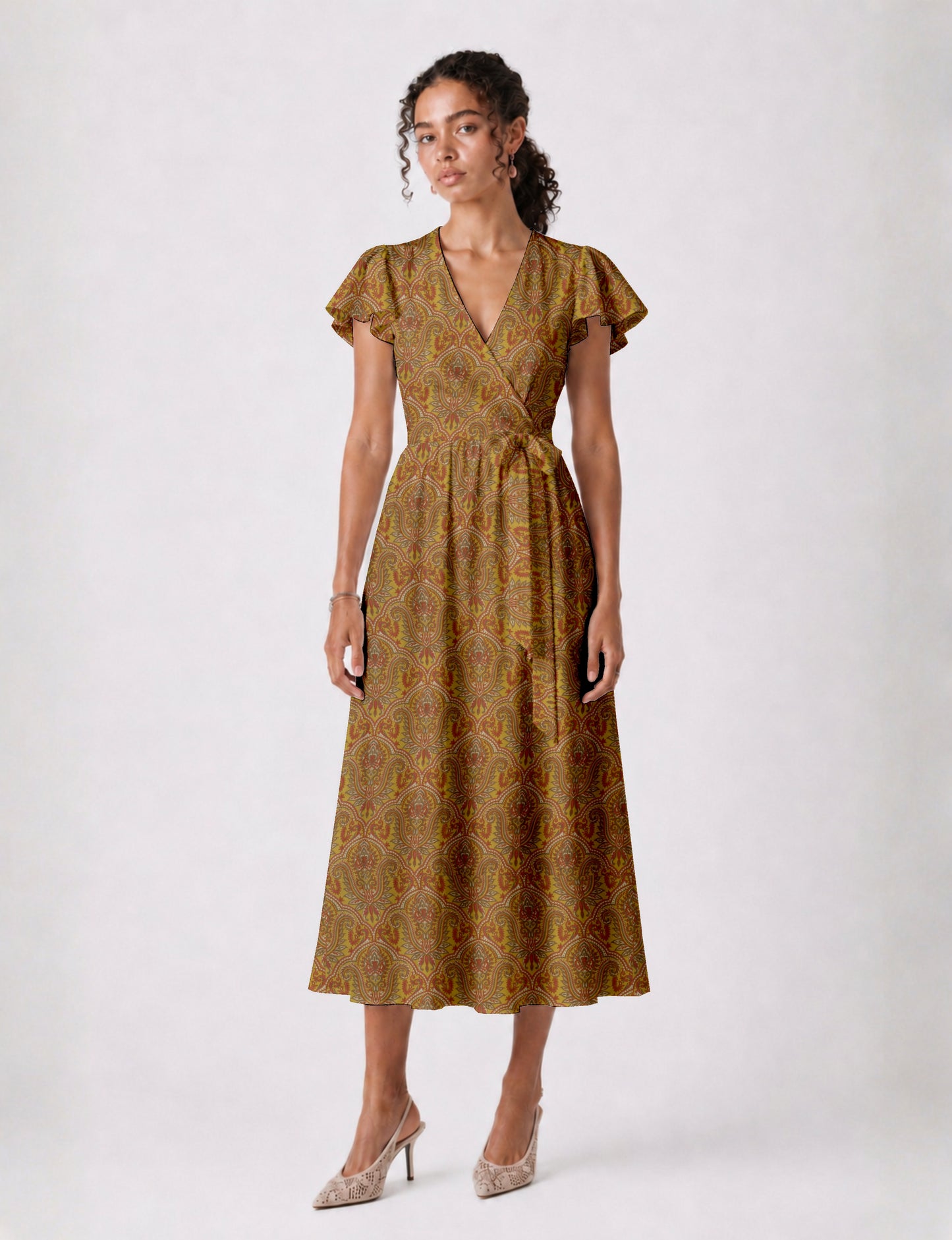 Midi wrap dress with V-neckline, fitted bodice, tie waist, and flared mid-calf skirt