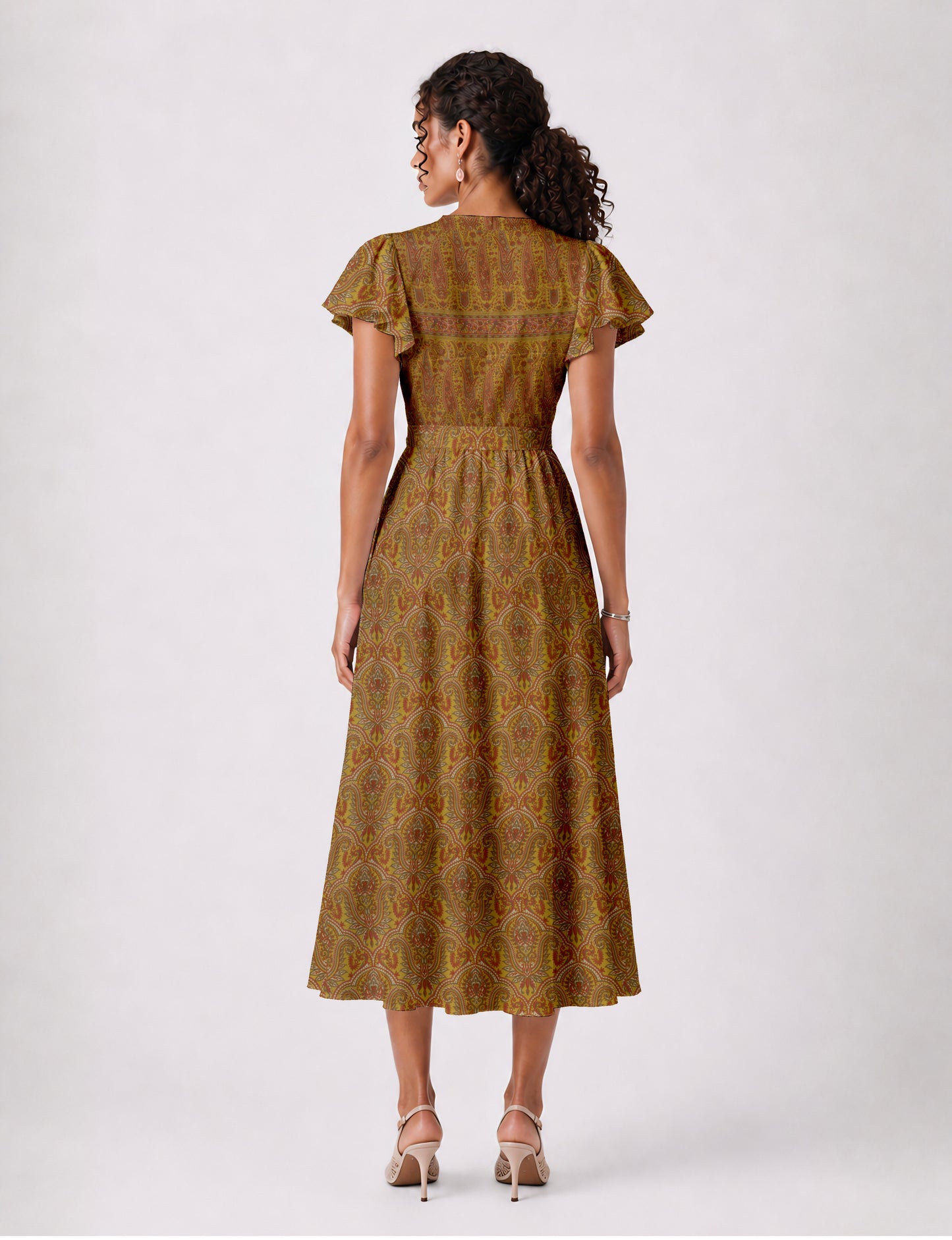 Midi wrap dress with V-neckline, fitted bodice, tie waist, and flared mid-calf skirt