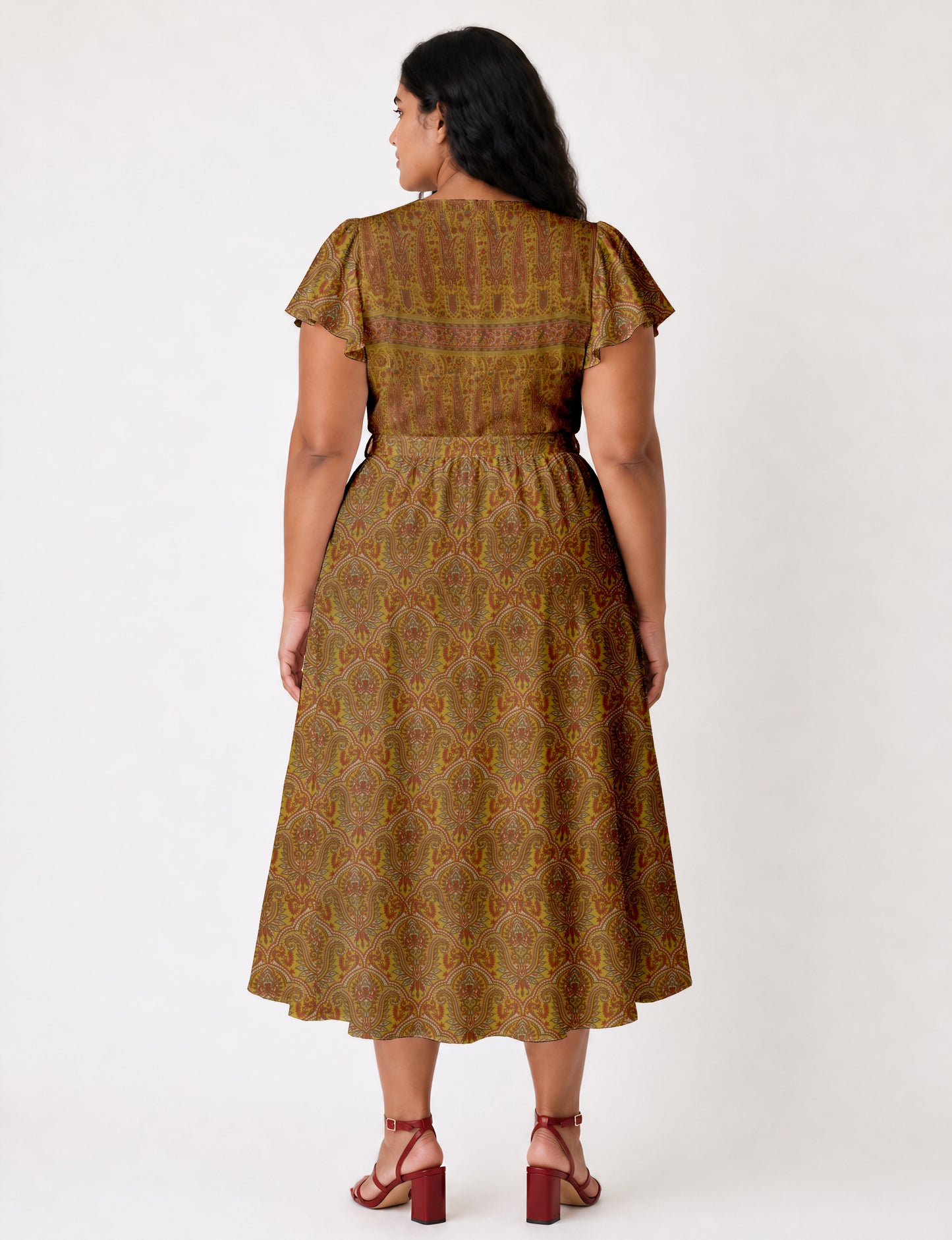 Midi wrap dress with V-neckline, fitted bodice, tie waist, and flared mid-calf skirt