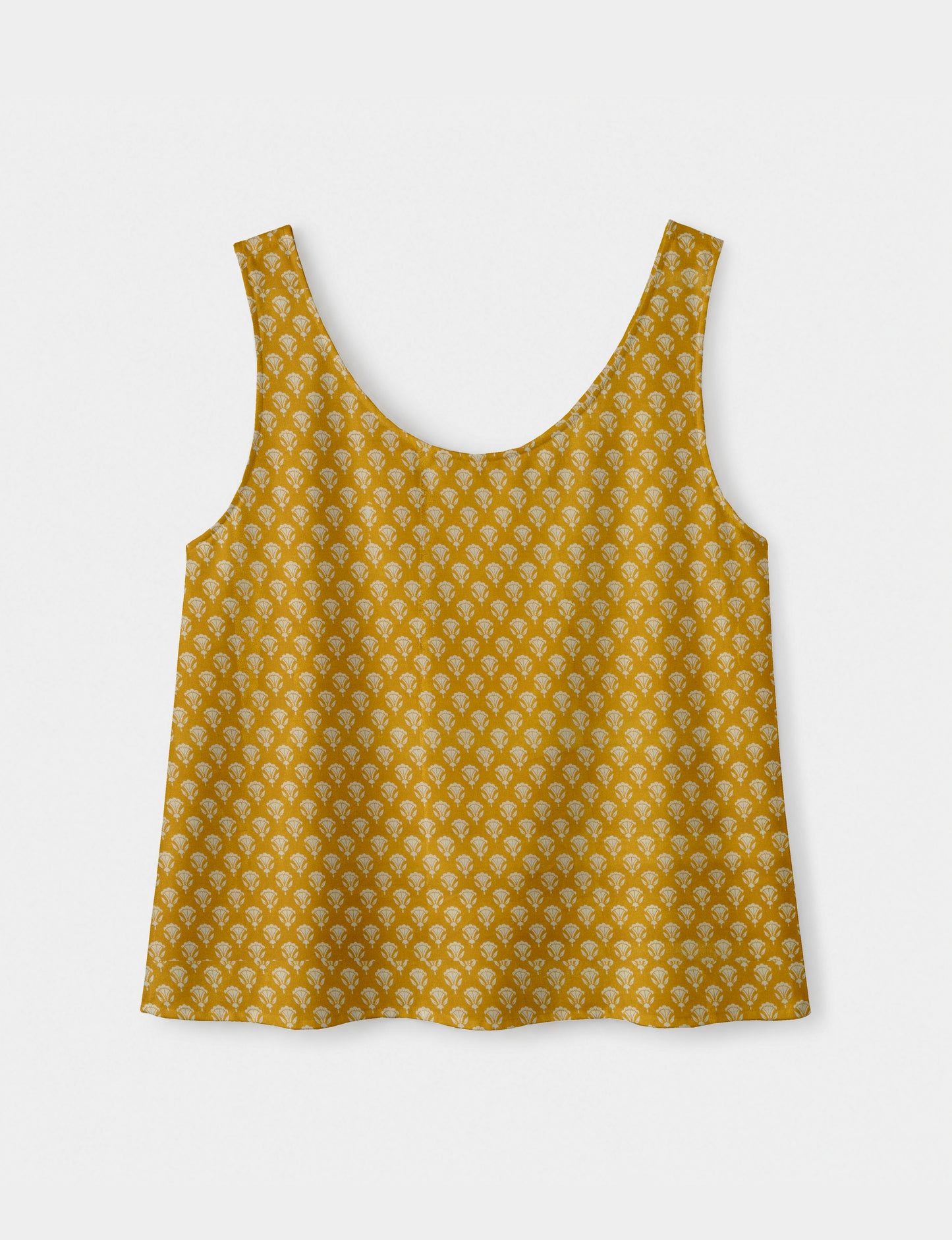 Women's sleeveless blouse with a relaxed straight fit, wide scoop neckline, deep scoop back, and hip-length silhouette.