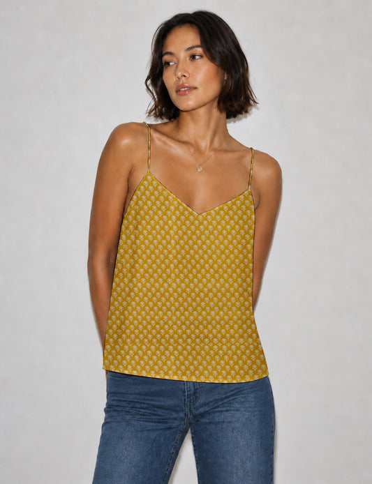 Women's sleeveless slip top with a relaxed straight fit, soft V-neckline, deep V-back, and delicate spaghetti straps.