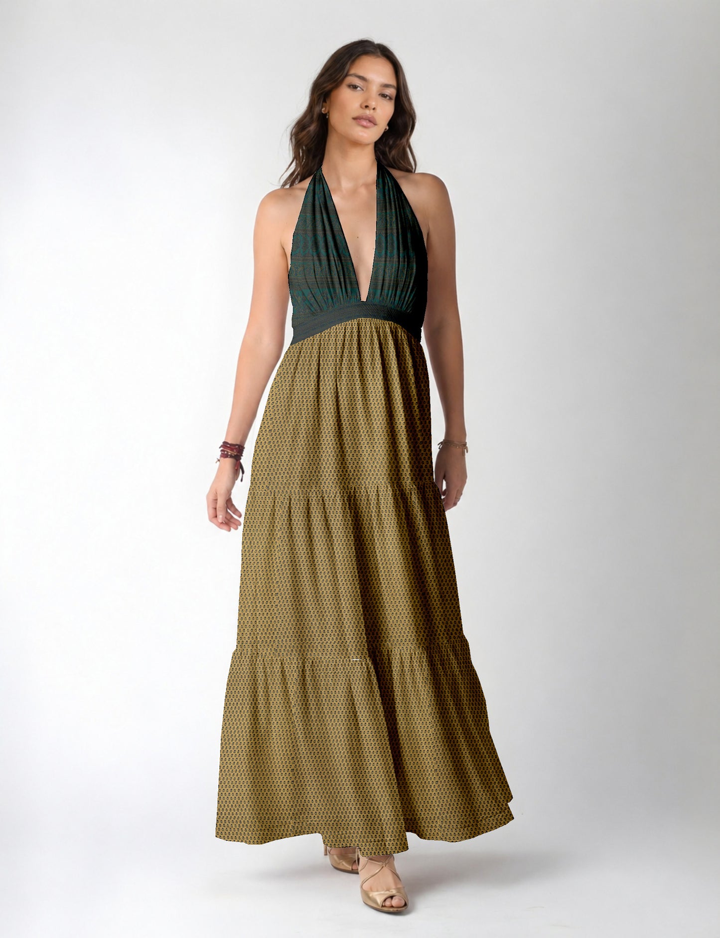 Maxi tiered dress by I was a Sari with halter neckline and flowy silhouette