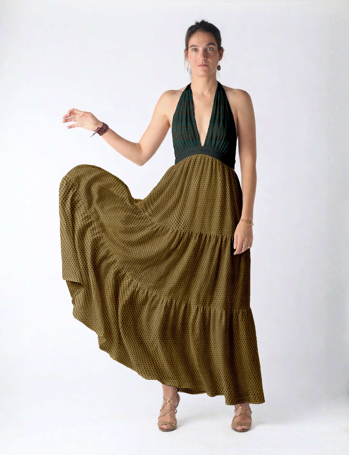 Halter neck maxi dress with tiered layers and elasticated back