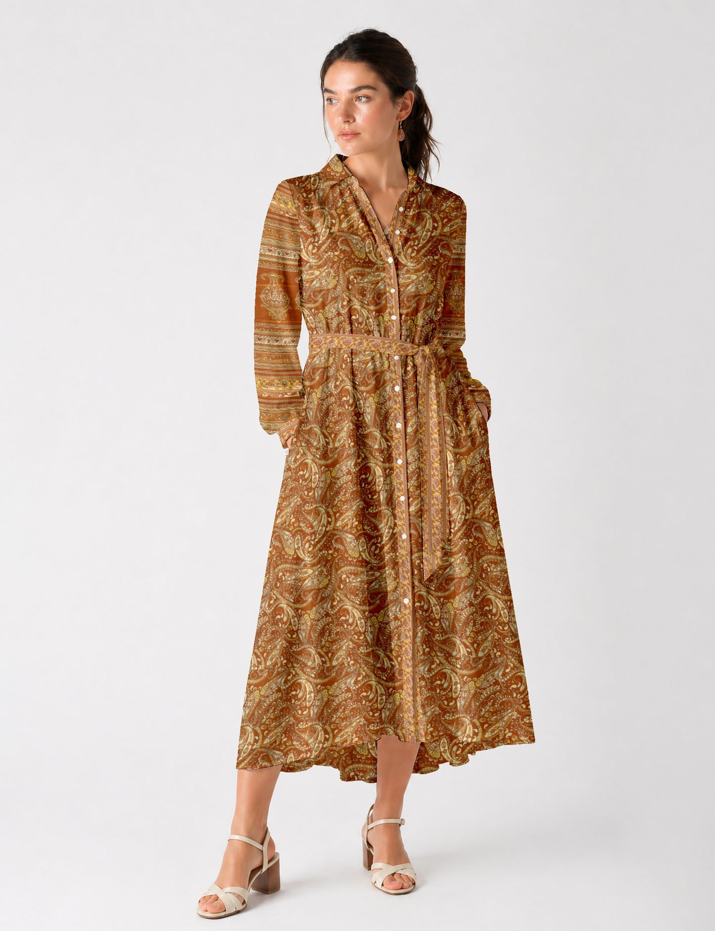 Long shirt dress side view highlighting flared silhouette