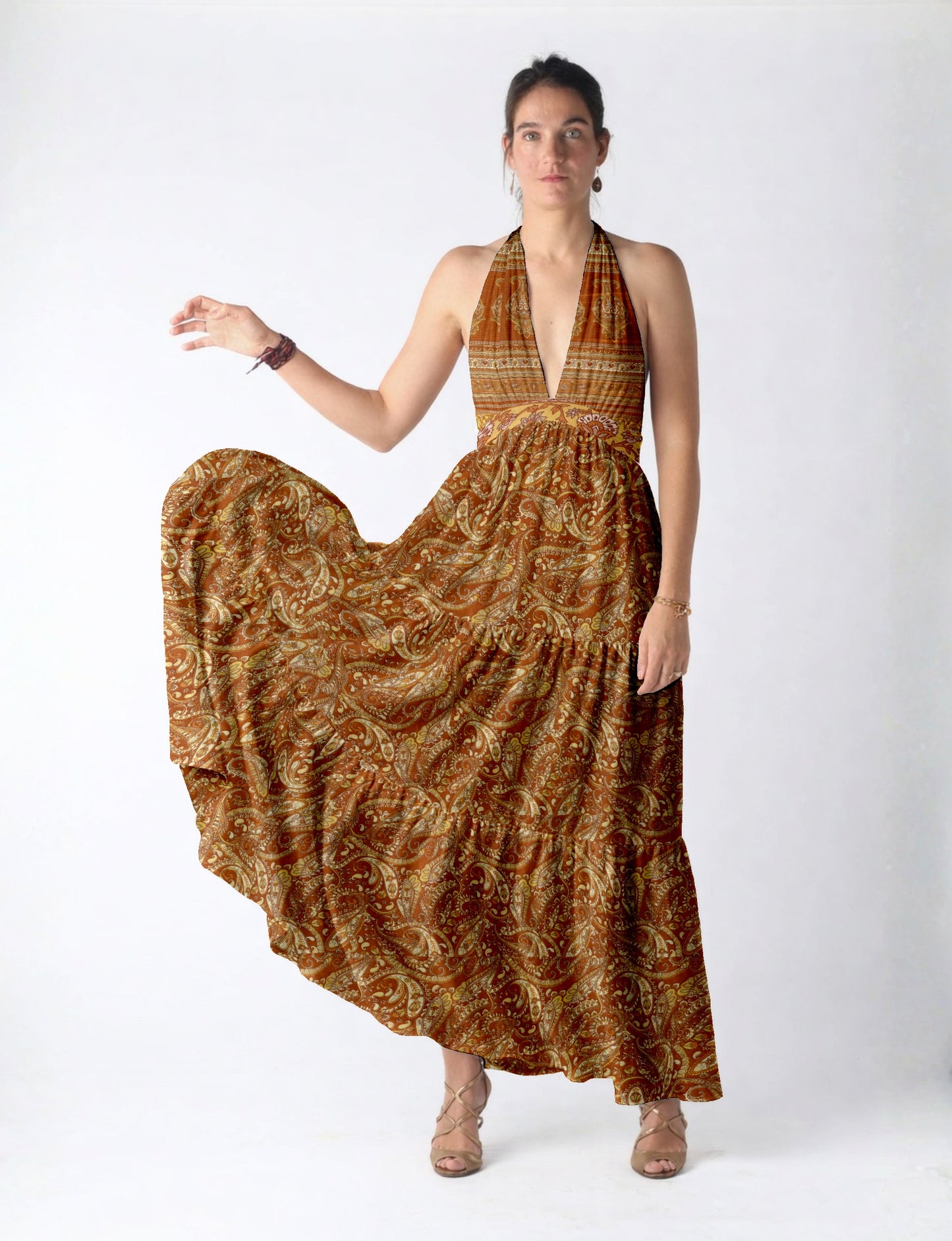 Maxi tiered dress by I was a Sari with halter neckline and flowy silhouette