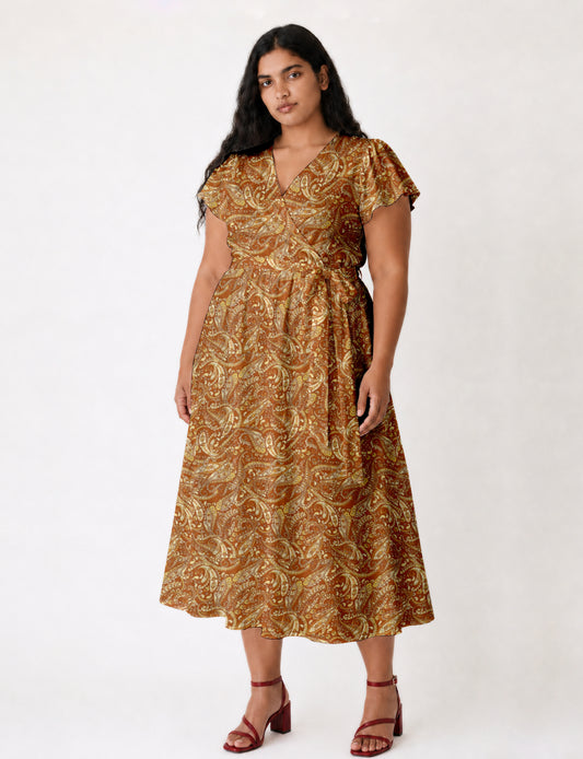 Midi wrap dress with V-neckline, fitted bodice, tie waist, and flared mid-calf skirt