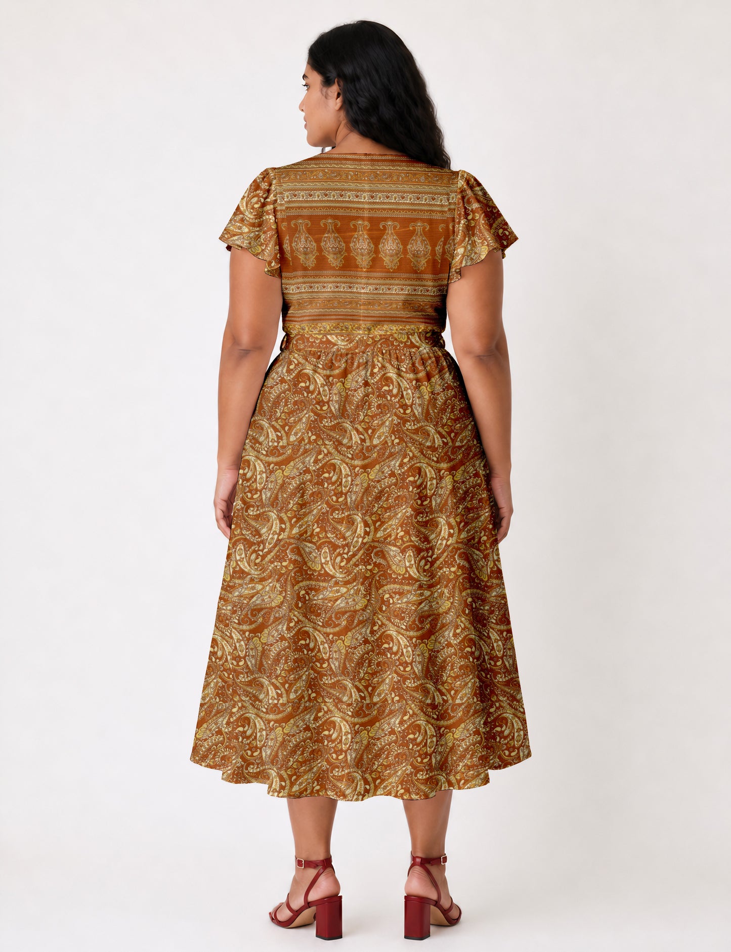 Midi wrap dress with V-neckline, fitted bodice, tie waist, and flared mid-calf skirt