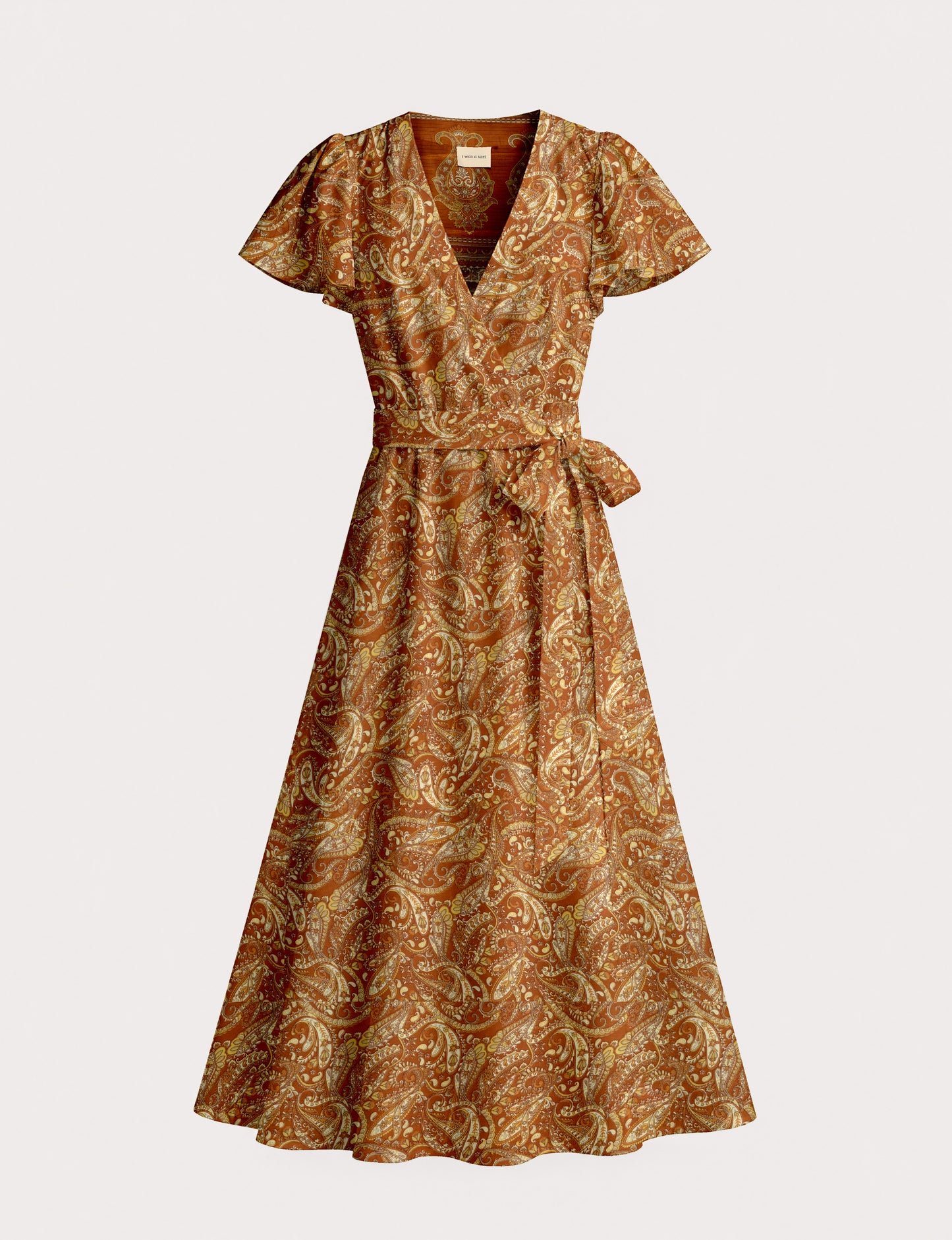 Midi wrap dress with V-neckline, fitted bodice, tie waist, and flared mid-calf skirt