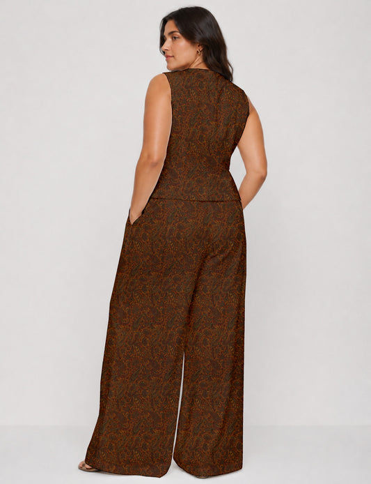 Women's tailored waistcoat set with a sleeveless V-neck button-front waistcoat and high-rise wide leg trousers in a coordinated matching outfit.