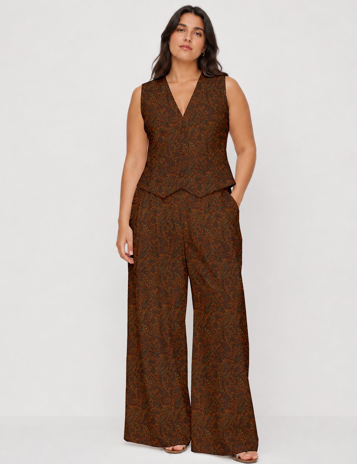 Women's tailored waistcoat set with a sleeveless V-neck button-front waistcoat and high-rise wide leg trousers in a coordinated matching outfit.