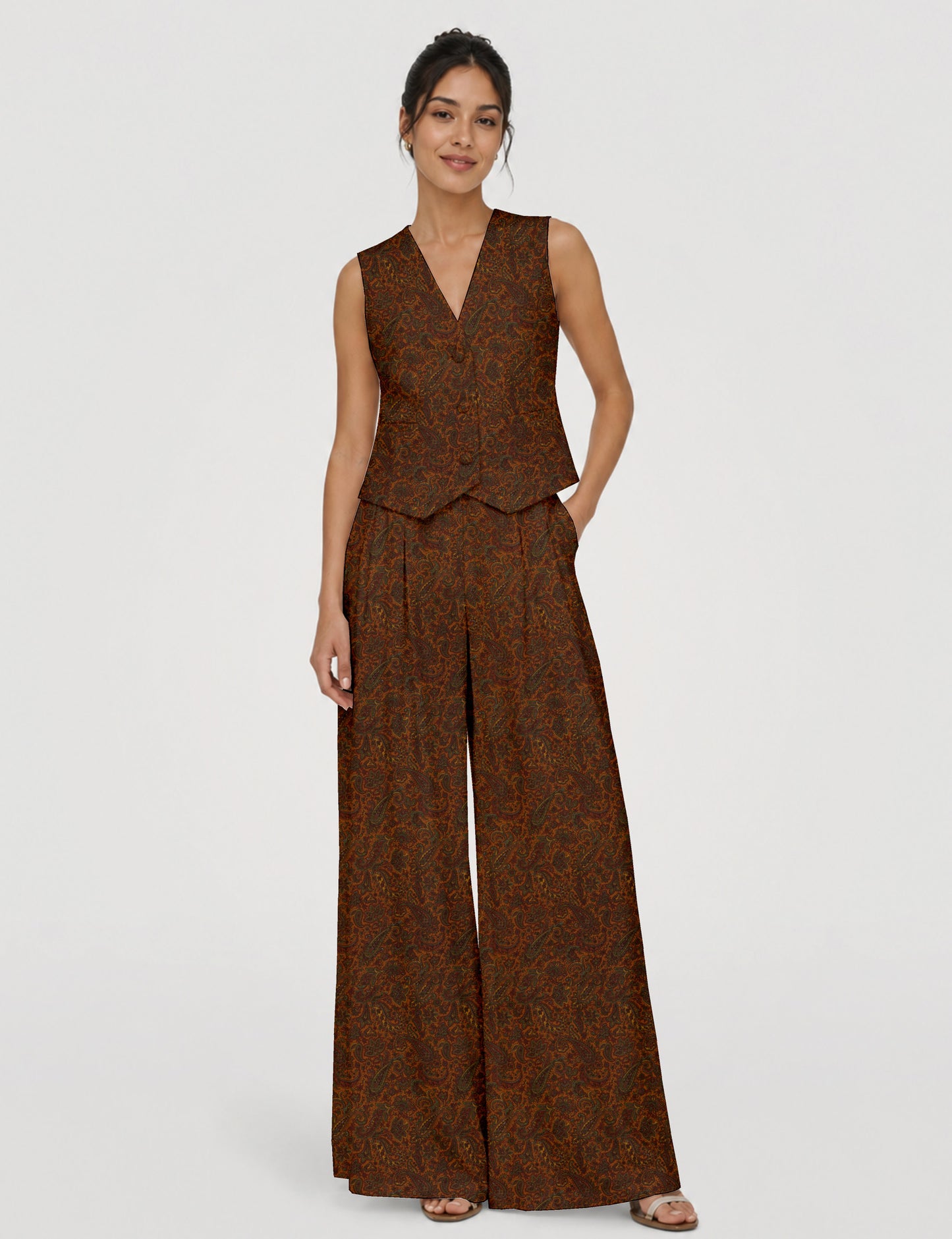 Women's tailored waistcoat set with a sleeveless V-neck button-front waistcoat and high-rise wide leg trousers in a coordinated matching outfit.