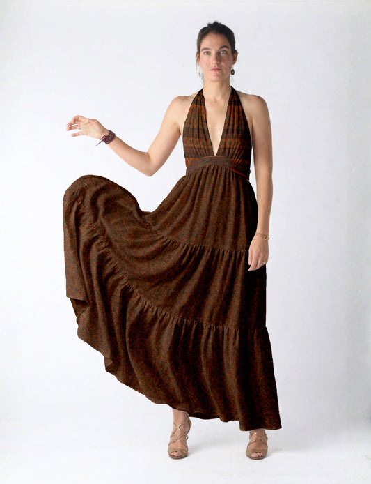 Maxi tiered dress by I was a Sari with halter neckline and flowy silhouette