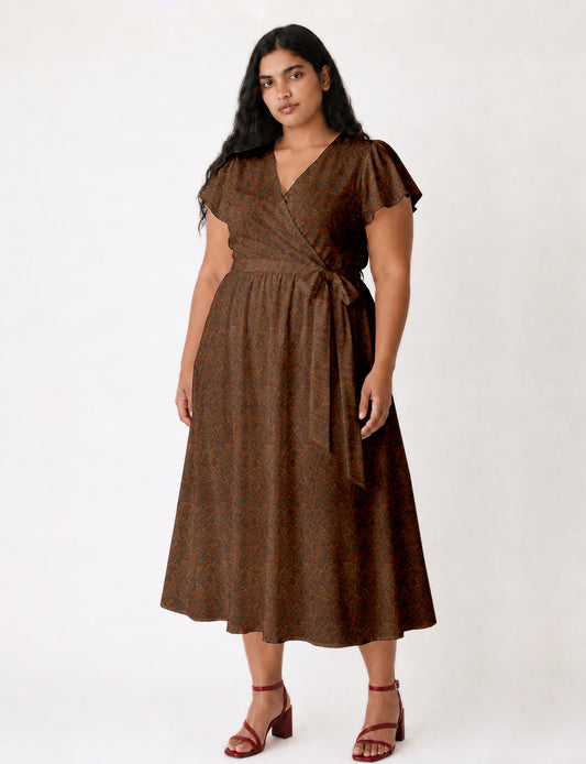 Elegant midi wrap dress with a V-neckline, adjustable waist tie, fitted bodice, and flared skirt for a timeless, flattering silhouette.