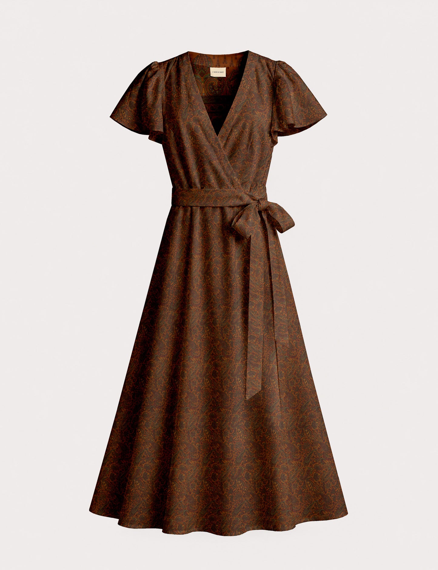 Elegant midi wrap dress with a V-neckline, adjustable waist tie, fitted bodice, and flared skirt for a timeless, flattering silhouette.