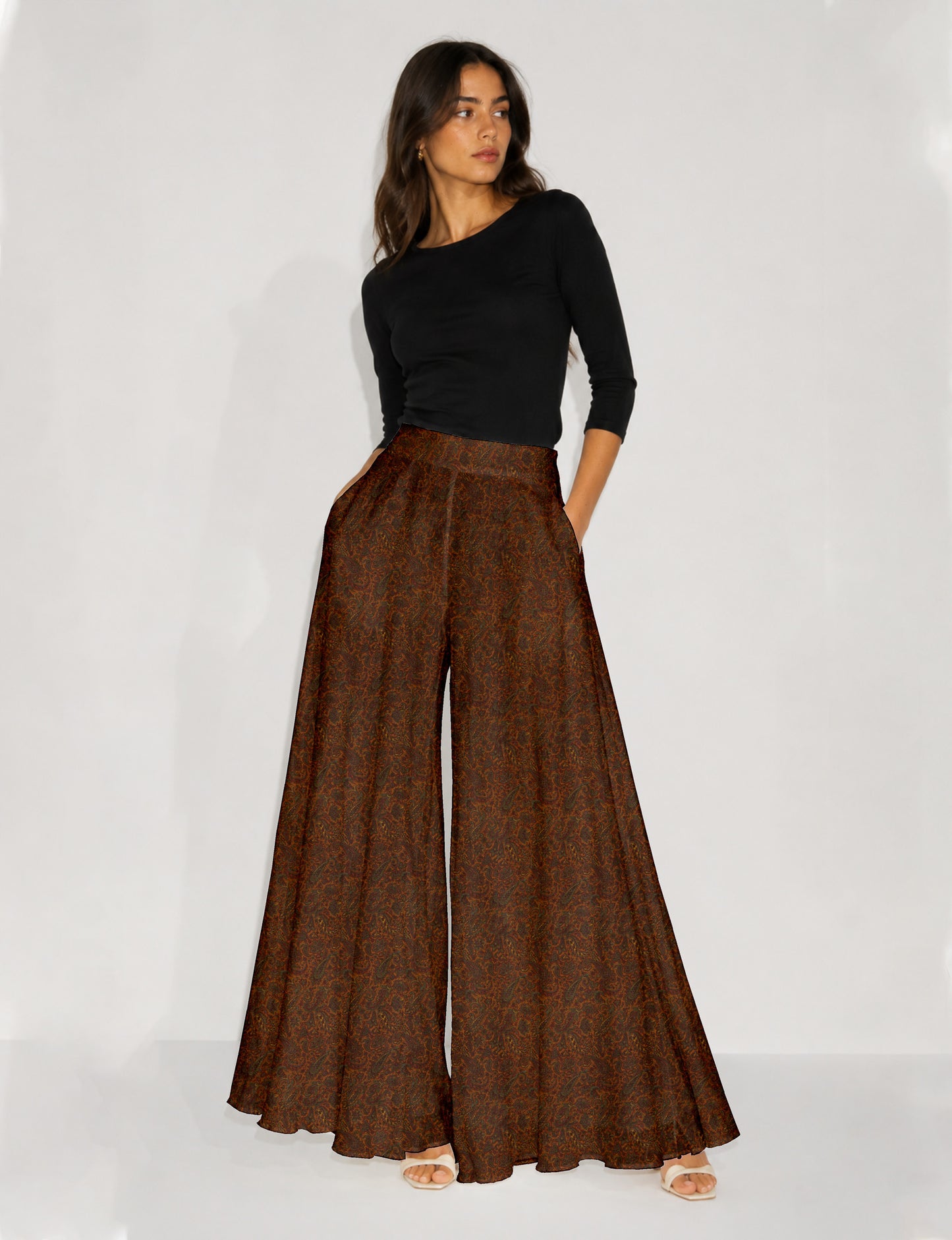 Wide Leg Palazzo Trousers - Yellow Paisley