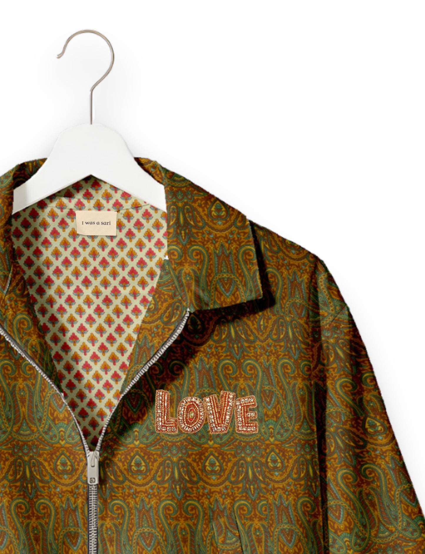 Love Bomber Jacket made from recycled fabric, featuring hand-stitched Aari embroidery. A unique piece of zero-waste clothing, part of the circular fashion movement. Designed with upcycled materials for a stylish yet environmentally friendly clothing choice.