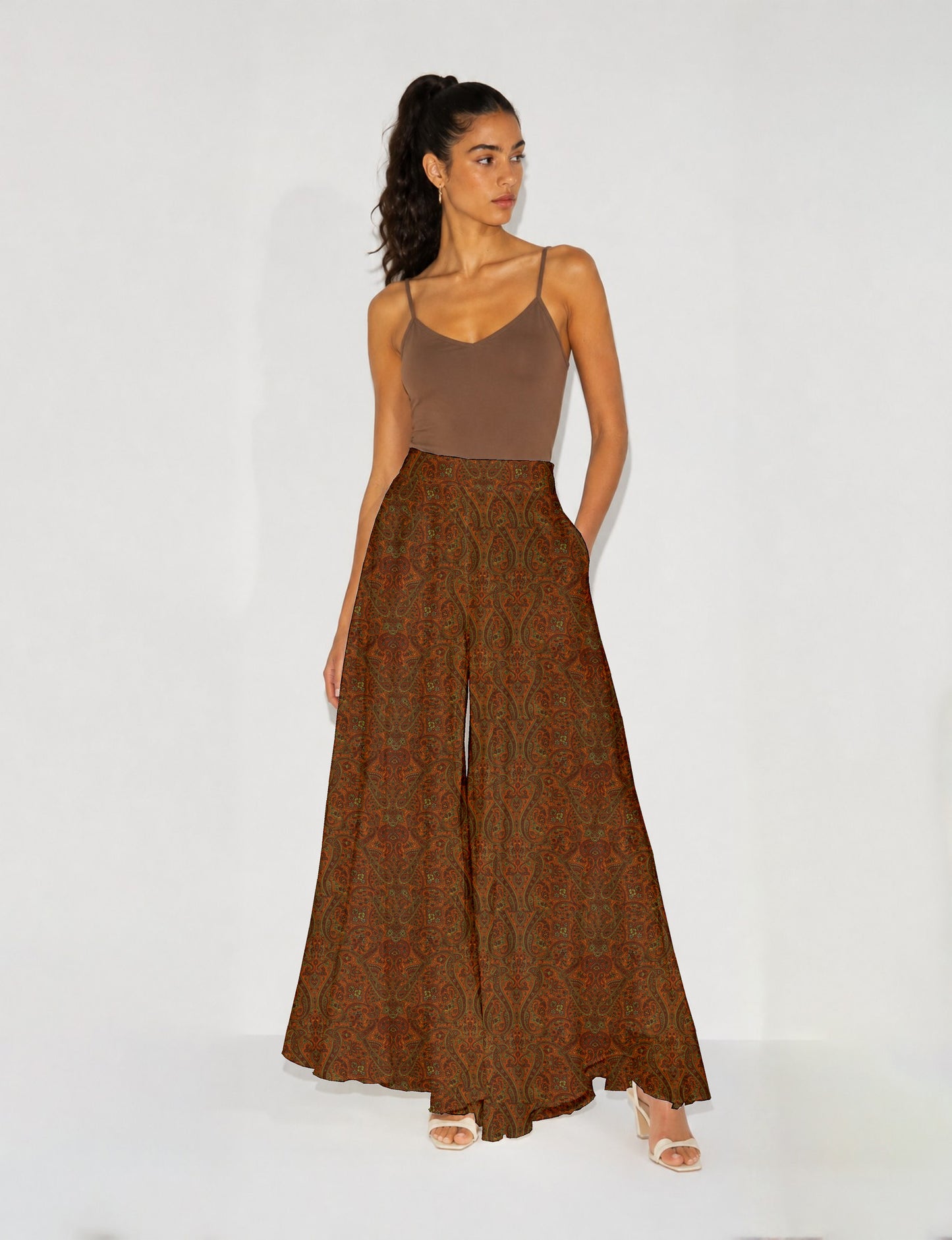 Wide Leg Palazzo Trousers - Yellow Paisley