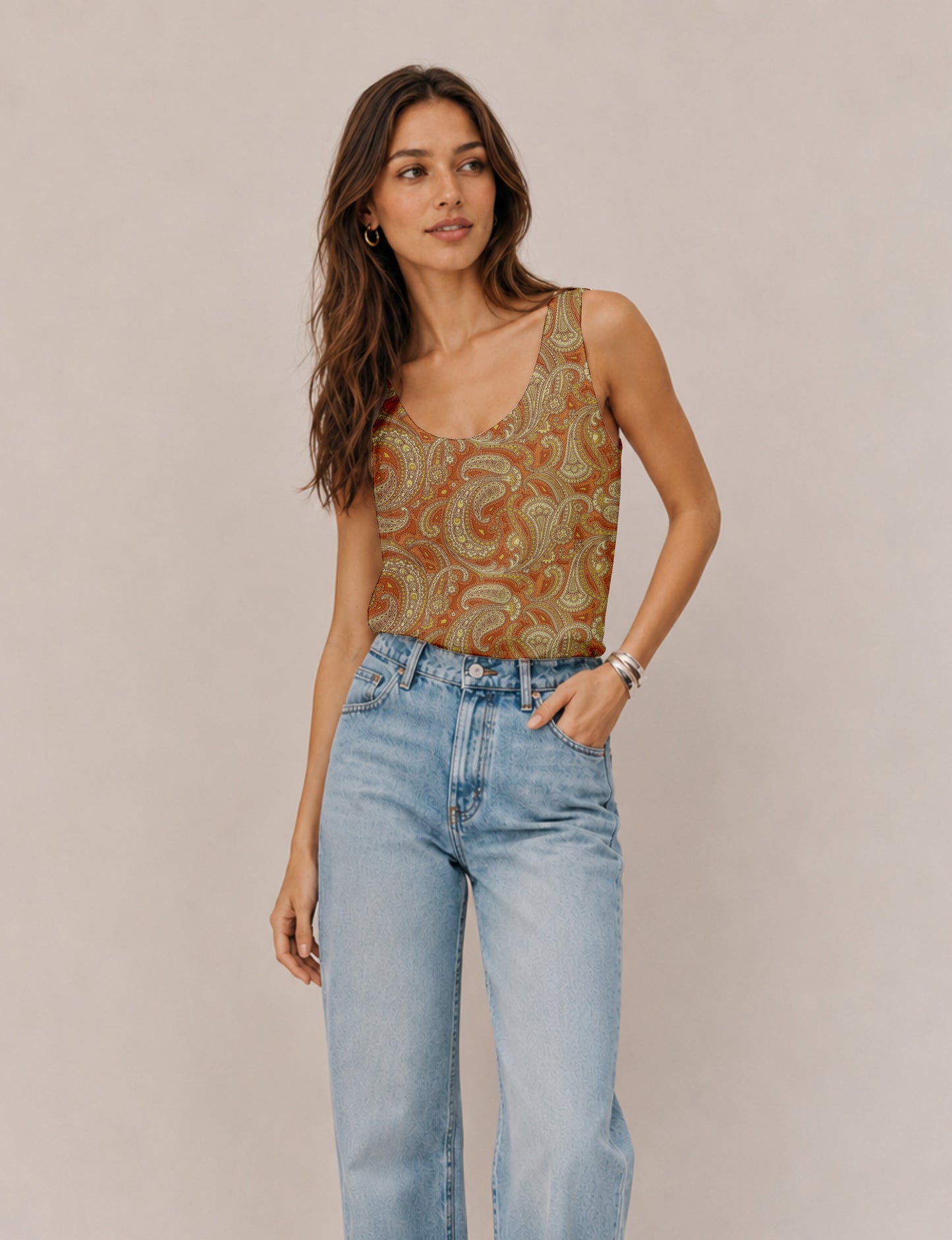 Women's sleeveless blouse with a relaxed straight fit, wide scoop neckline, deep scoop back, and hip-length silhouette.