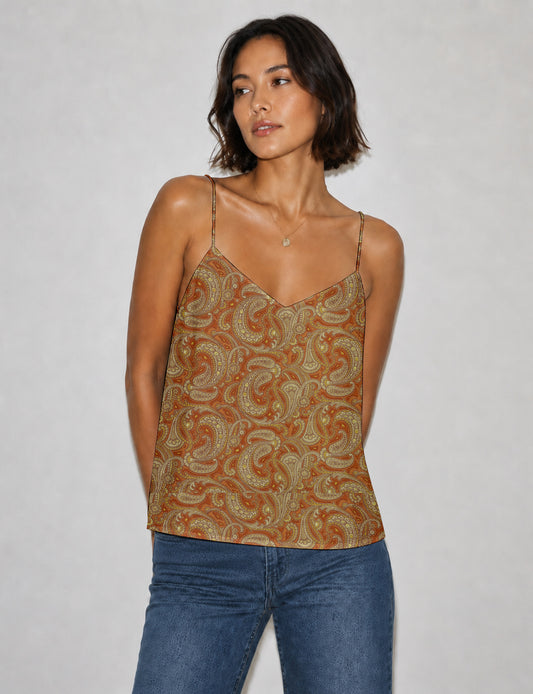 Women's sleeveless slip top with a relaxed straight fit, soft V-neckline, deep V-back, and delicate spaghetti straps.