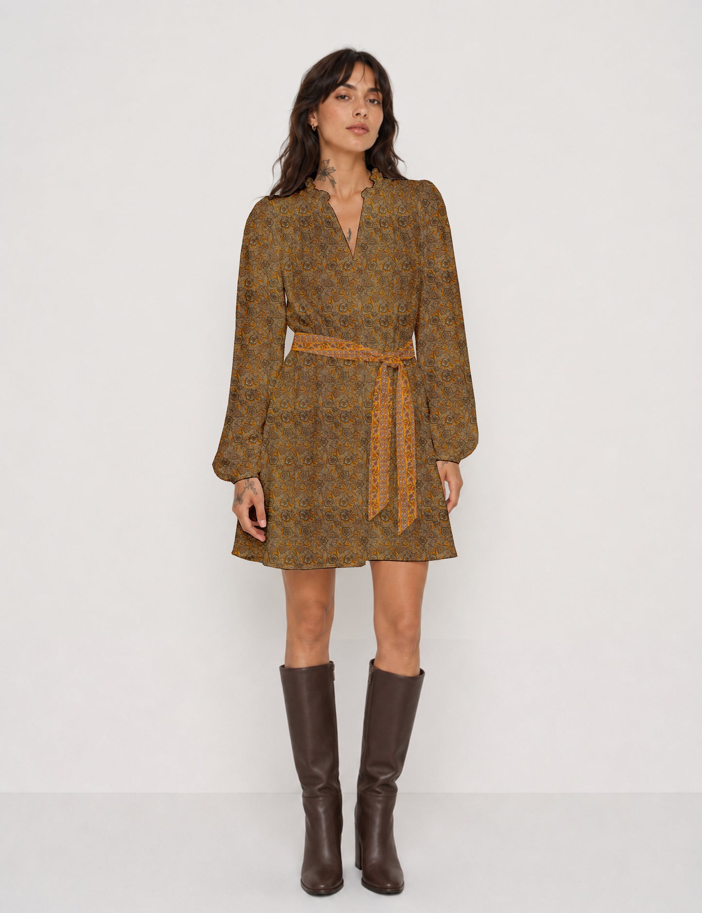Swing dress with belt - Yellow Tropical